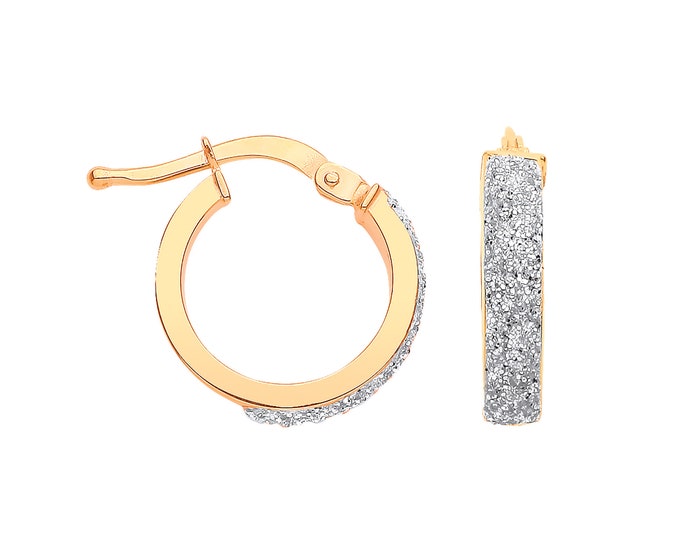 9ct Yellow Gold Half Frosted 14mm Diameter Square Tube Hoop Earrings - Real 9K Gold