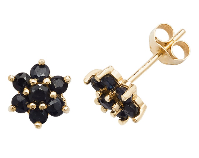 Dark Blue Sapphire Cluster Stud Earrings - 9ct Yellow Gold 4.5mm Real Sapphire Flower Earrings- Real 9K Gold