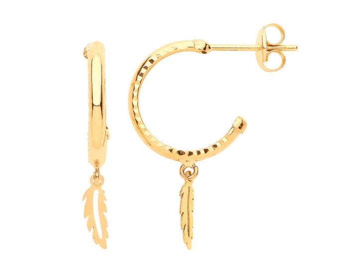 9ct Yellow Gold 12mm Hoop Earrings With Feather Drop Charms- Real 9K Gold