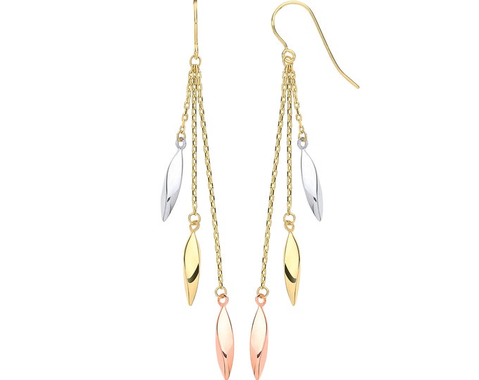 9ct 3 Colour Rose Yellow & White Gold 6.5cm Hollow Twisted Nugget Hook Drop Earrings - Real 9K Gold