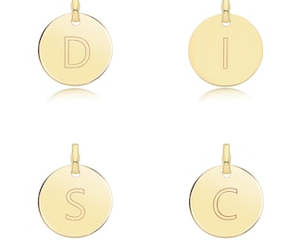 9ct Yellow Gold Block Initial Engraved 14mm Round Disc Tag Pendant - Solid 9K Gold
