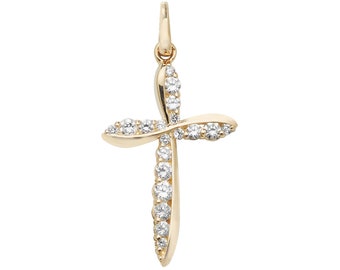 Modern 9ct Yellow Gold 1.8cm Twisted Cross Pendant Caw Set With Cz Stones - Real 9K Gold