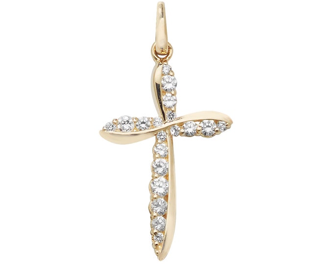 Modern 9ct Yellow Gold 1.8cm Twisted Cross Pendant Caw Set With Cz Stones - Real 9K Gold
