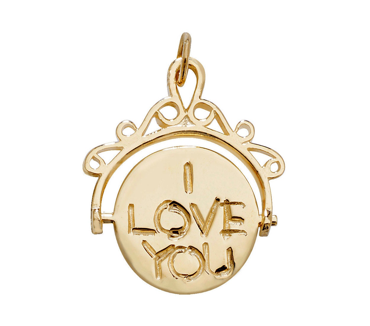 9ct Yellow Gold I Love You Spinner 15mm Round Disc Charm Pendant Hallmarked 375 Real 9K Gold