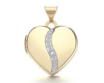 Small 9ct Gold Single Diamond Small Heart 2 Photo Wave Locket - Real 9K Gold