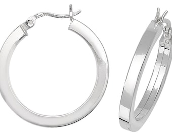 Pair of 925 Sterling Silver Plain Polished 2mm Flat Tube Hoop Earrings  - Choice of sizes