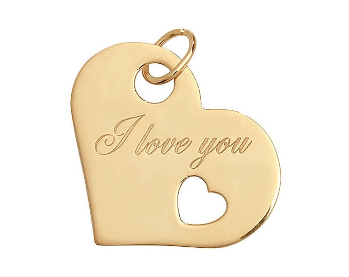 9ct Yellow Gold 2cm I LOVE YOU Engraved Heart Tag Pendant Hallmarked - Real 9K Gold