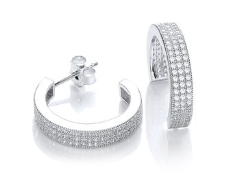 925 Sterling Silver 20mm Micro Pave 3 Row Cz Open Half Hoop Earrings