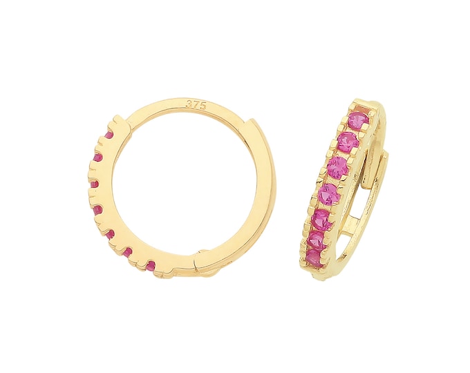 Pair of 9ct Yellow Gold Ruby Red Cz Claw Set 9mm Hinged Huggies Hoop Earrings - Real 9K Gold