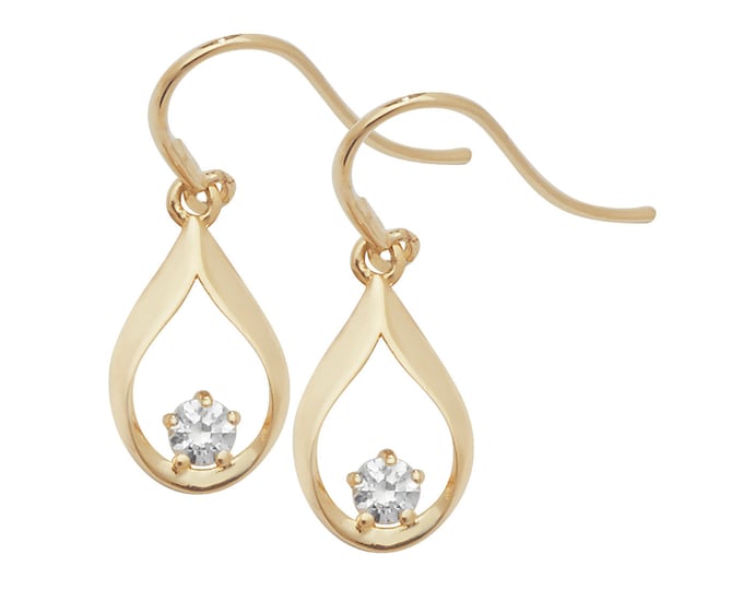9ct Yellow Gold 1.5cm Teardrop Fish Hook Earrings With Cz Stones - Real 9K Gold