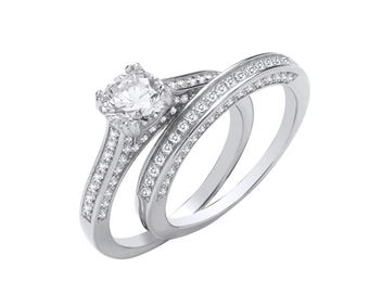 6mm Round Solitaire Cz Bridal Ring Set Engagement & Half Eternity Ring 925 Sterling Silver