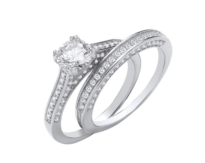 6mm Round Solitaire Cz Bridal Ring Set Engagement & Half Eternity Ring 925 Sterling Silver