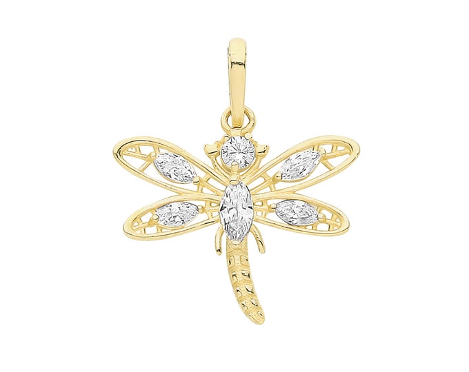 9ct Yellow Gold 14x12mm Marquise Cz Dragonfly Charm Pendant - Real 9K Gold