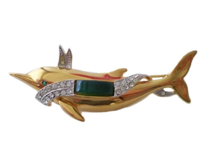 Gold Plated Crystal & Real Green Agate Dolphin Brooch  6cm x2.5cm