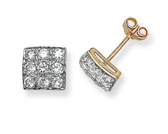 9ct Yellow Gold 6mm Square Pave Set Cz Stud Earrings Hallmarked - Real 9K Gold