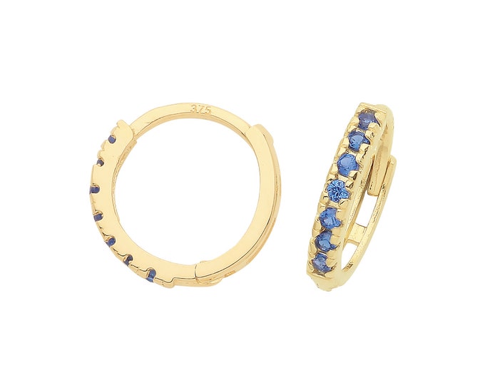 Pair of 9ct Yellow Gold Sapphire Blue Cz Claw Set 9mm Hinged Huggies Hoop Earrings - Real 9K Gold