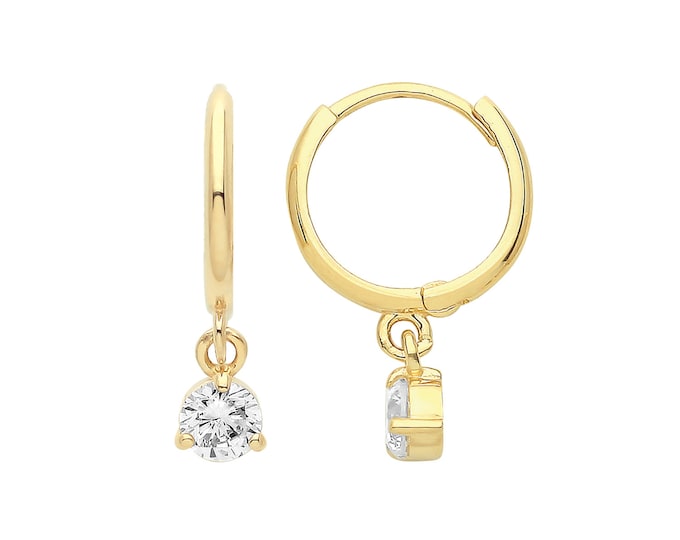 9ct Yellow Gold 8mm Hinged Hoop Earrings With 2mm Solitaire Cz Drop Charm - Real 9K Gold