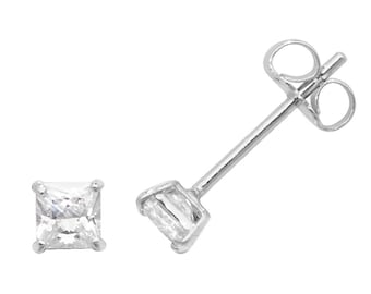 9ct White Gold 4 Claw Set Square Cz Princess Solitaire Stud Earrings 3mm  5mm - Real 9K Gold