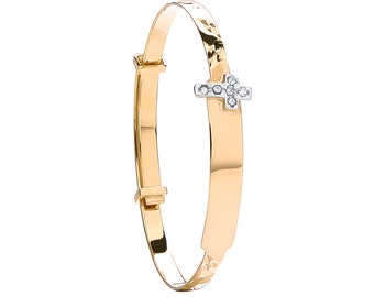 9ct Yellow Gold Babies Expandable 3mm Cz Cross ID Bangle Hallmarked - Solid 9K Gold