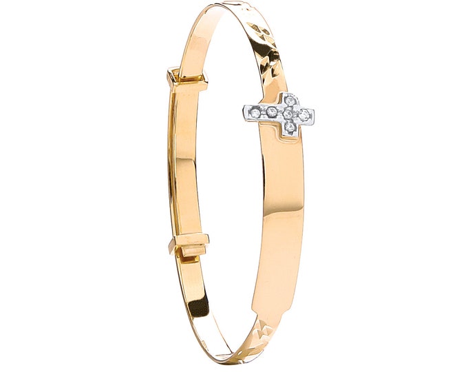 9ct Yellow Gold Babies Expandable 3mm Cz Cross ID Bangle Hallmarked - Solid 9K Gold