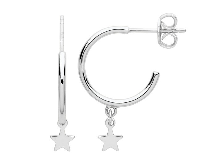925 Sterling Silver 14mm Hoop Earrings With Star Drop Charm Rhodium Plated