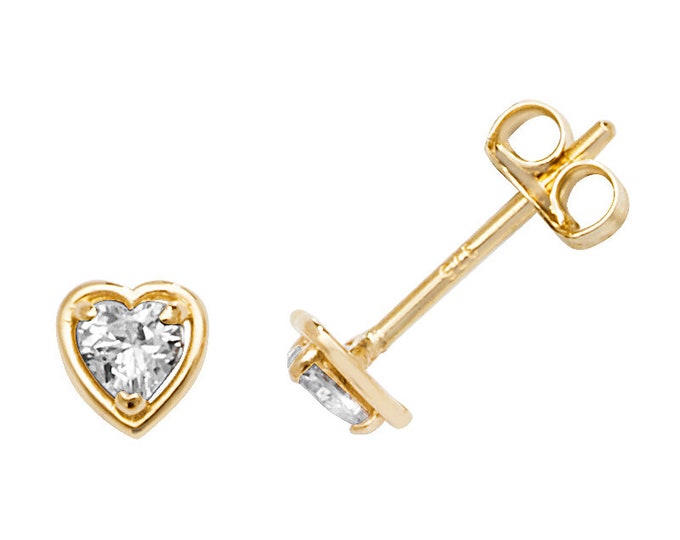 9ct Yellow Gold Small 4mm Solitaire Cz Heart Stud Earrings - Real 9K Gold