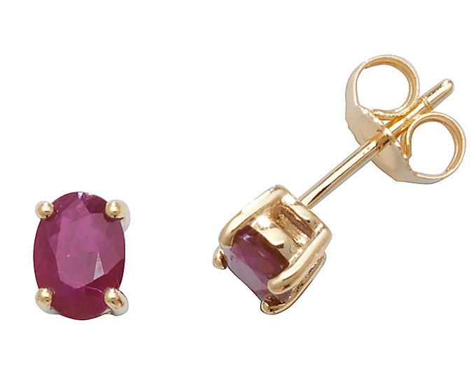 Oval Cut Red Ruby 6x4mm Claw Set Stud Earrings 9K Yellow Gold Real Ruby