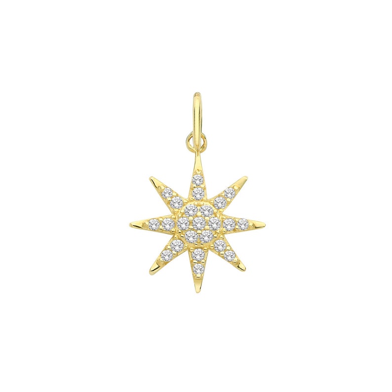 Real 9K Gold Small 9ct Yellow Gold Cz Cluster Set 8mm Eight Point Star Design Pendant
