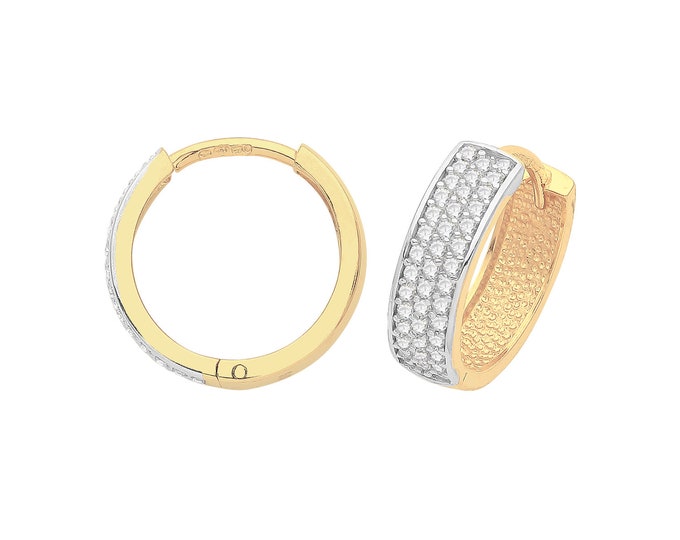 9ct Yellow Gold 3 Row Pave Cz 12mm Diameter Hinged Huggies Hoop Earrings Hallmarked - Real 9K Gold