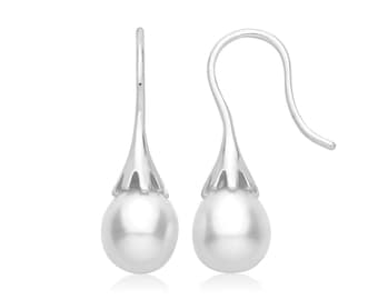 Freshwater Pearl Hook Drop Earrings Rhodium Plated 925 Sterling Silver 15x8mm