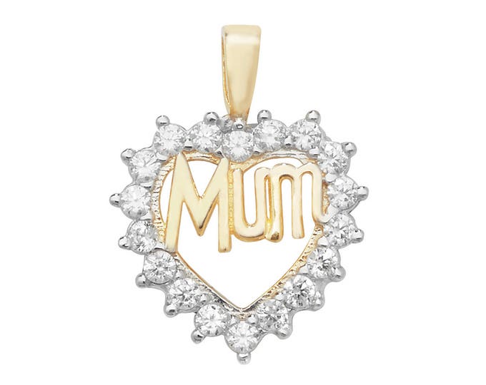 9ct Yellow Gold & Cz Claw Set Surround MUM Heart Pendant 12x12mm - Real 9K Gold
