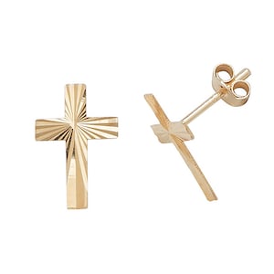 May include: A pair of gold cross stud earrings. The cross is textured with a sunburst design.