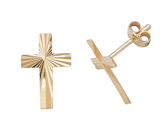 9ct Yellow Gold 8x4mm Diamond Cut Cross Stud Earrings - Real 9K Gold