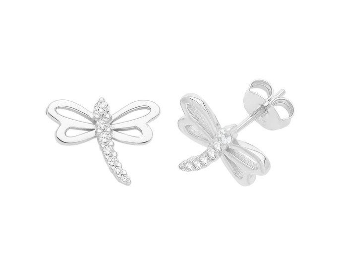 Rhodium Plated 925 Sterling Silver 10x9mm Dragonfly Pave Cz Stud Earrings