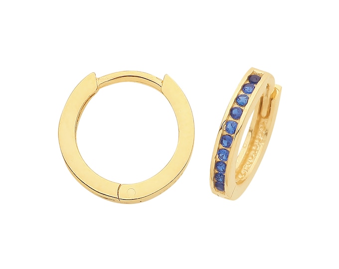 9ct Yellow Gold 8mm Internal Diameter Half Set Sapphire Blue Cz Hinged Hoop Earrings - Real 9K Gold