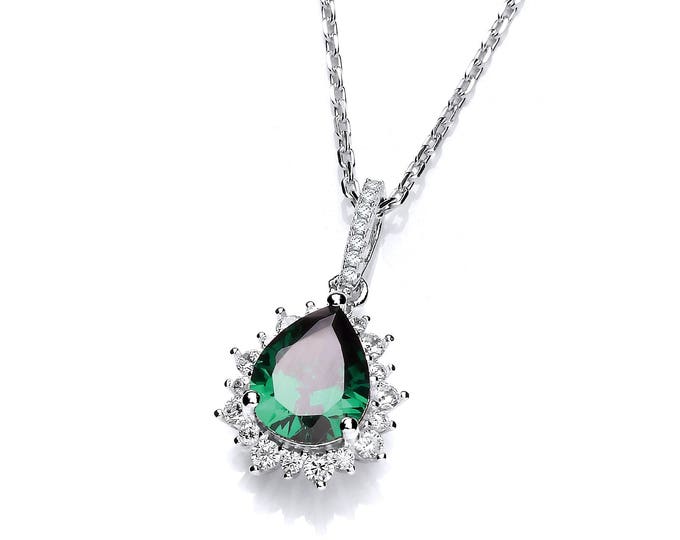 925 Sterling Silver Emerald Pear Cut & Cluster Surround Cz Teardrop 16"-18" Necklace