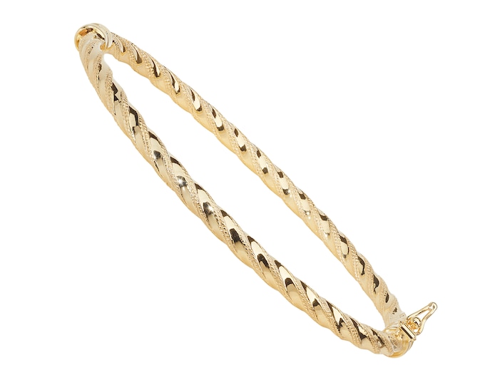 9ct Yellow Gold 3mm Twisted Diamond Cut Rope Hollow Hinged Bangle Hallmarked - Real 9K Gold