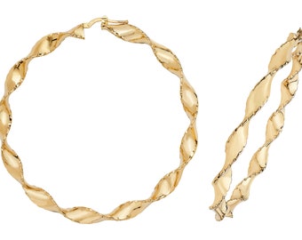 Large 60mm 9ct Yellow Gold Diamond Cut Edge Twisted Ribbon Hoop Earrings Hallmarked - Real 9K Gold