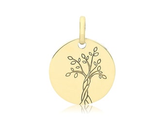 Contemporary 9ct Yellow Gold 10mm Diameter Engraved Tree of Life Disc Charm Pendant- Real 9K Gold