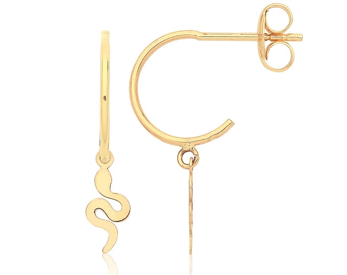 9ct Yellow Gold 9mm Half Hoop Stud Earrings With Hanging Snake Charms - Real 9K Gold