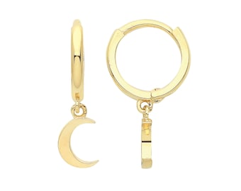 9ct Yellow Gold 7.5mm Hinged Hoop Earrings With Crescent Moon Drop Charm - Real 9K Gold