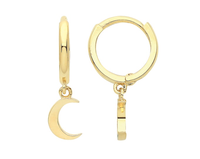 9ct Yellow Gold 7.5mm Hinged Hoop Earrings With Crescent Moon Drop Charm - Real 9K Gold