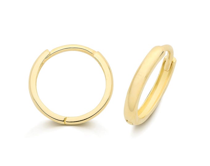 9ct Yellow Gold 11.5mm Diameter Hinged D Shaped Huggies Hoop Earrings - Real 9K Gold