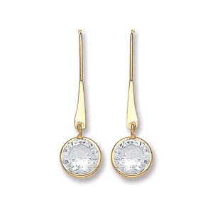 May include: A pair of gold drop earrings with clear round stones.