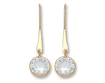 9ct Gold 20mm Drop Earrings With Round Cubic Zirconia Solitaire Stones - Real 9K Gold