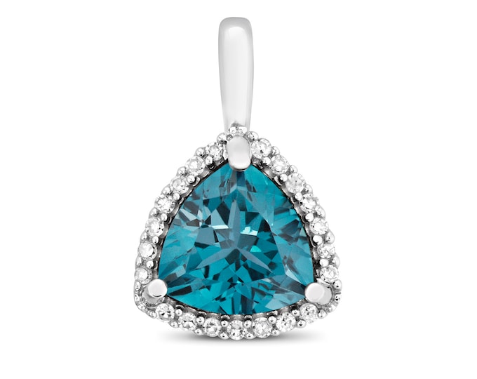 9ct White Gold 0.07ct Diamond 7mm Trillion Cut London Blue Topaz Pendant - Real 9K Gold