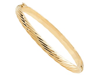 9ct Yellow Gold Contemporary 5mm Ribbed Hollow Hinged Bangle Hallmarked - Real 9K Gold