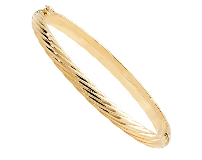 9ct Yellow Gold Contemporary 5mm Ribbed Hollow Hinged Bangle Hallmarked - Real 9K Gold