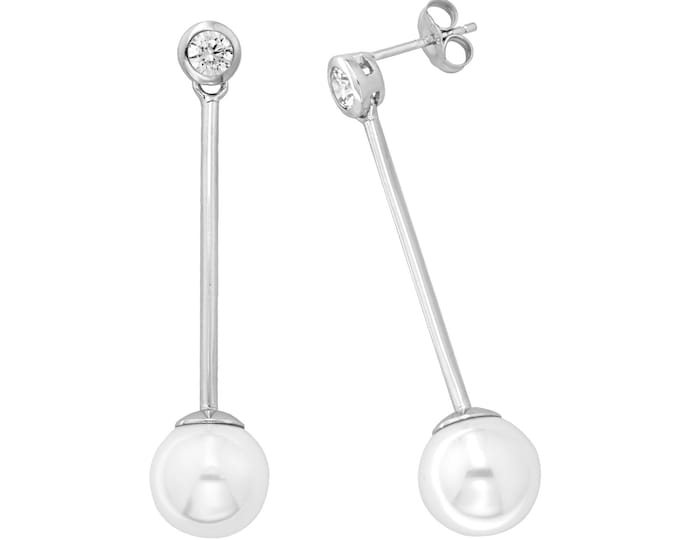 925 Sterling Silver 8mm Freshwater Pearl 4cm Bar Drop Earrings