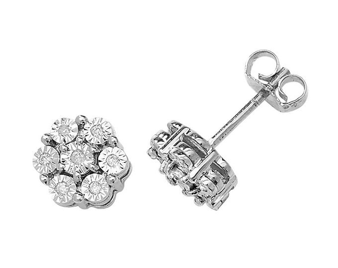 9ct White Gold 0.08ct Diamond Cluster Illusion 6mm Stud Earrings - Real 9K Gold